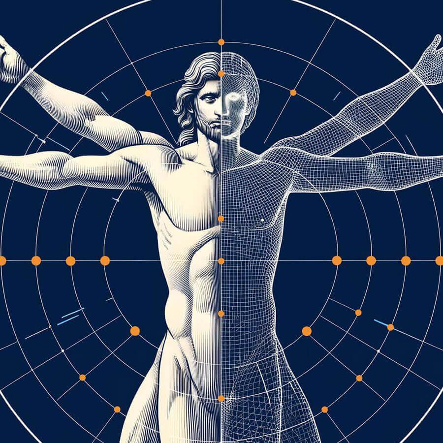Darstellung eines interpretierten, modernen vitruvianischen Menschen als Schlüsselbild für den Beitrag Ganzkörper-MRT der Radiologie in Föhren